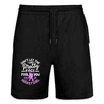 Hockey Mädchen Eishockeyspielerin - Stanley/Stella Unisex Bio Joggingshorts Trainer  - Schwarz - Vorne - Nik (191cm) & Marisol (170cm)
