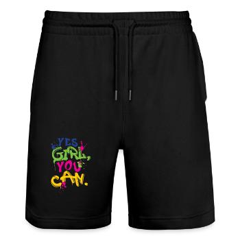 girl yes you can - Stanley/Stella Trainer Unisex Organic Jogging Shorts - black - Front - Nik (191cm) & Marisol (170cm)