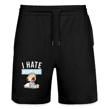 I Hate Mornings | Funny morning grouch design - Stanley/Stella Trainer Unisex Organic Jogging Shorts - black - Front - Nik (191cm) & Marisol (170cm)