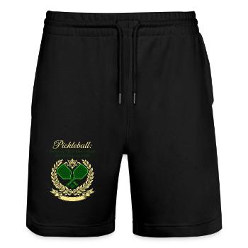Pickleball Tennis Motivation Wappen Design - Stanley/Stella Unisex Bio Joggingshorts Trainer  - Schwarz - Vorne - Nik (191cm) & Marisol (170cm)