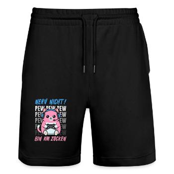 Nerv Nicht Pew Pew Bin Am Zocken Lustige Katze - Stanley/Stella Unisex Bio Joggingshorts Trainer  - Schwarz - Vorne - Nik (191cm) & Marisol (170cm)