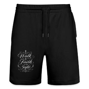 Geh nach Glauben und nicht nach Sicht – Korinther 5,7 - Stanley/Stella Unisex Bio Joggingshorts Trainer  - Schwarz - Vorne - Nik (191cm) & Marisol (170cm)