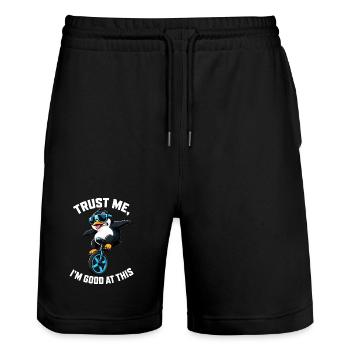 Cooler Pinguin auf Einrad mit Spruch - Stanley/Stella Unisex Bio Joggingshorts Trainer  - Schwarz - Vorne - Nik (191cm) & Marisol (170cm)