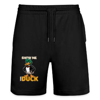 Zeig mir deine Ente lustiges Stockenten-Wortspiel - Stanley/Stella Unisex Bio Joggingshorts Trainer  - Schwarz - Vorne - Nik (191cm) & Marisol (170cm)