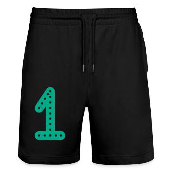 1 JAHR. 1. GEBURTSTAG. JUBILÄUM 1 JAHR.1 - Stanley/Stella Unisex Bio Joggingshorts Trainer  - Schwarz - Vorne - Nik (191cm) & Marisol (170cm)