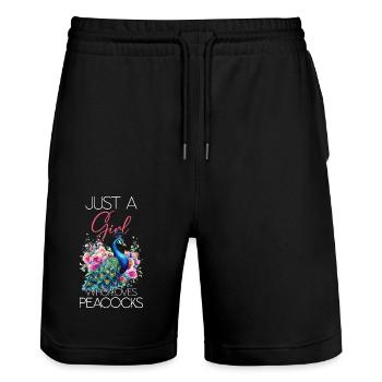 Pfau Blumen Pfauenfeder Exotisch Farbenfroh Bunt - Stanley/Stella Unisex Bio Joggingshorts Trainer  - Schwarz - Vorne - Nik (191cm) & Marisol (170cm)