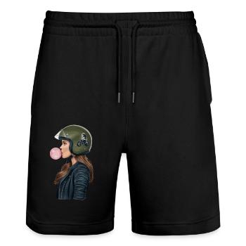 Coole Motorradfahrerin Bikerin kaut Kaugummi - Stanley/Stella Unisex Bio Joggingshorts Trainer  - Schwarz - Vorne - Nik (191cm) & Marisol (170cm)