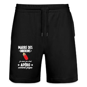 Marre des biberons, cadeau naissance, grossesse - Short de jogging bio TRAINER Stanley/Stella unisexe - noir - Devant - Nik (191cm) & Marisol (170cm)
