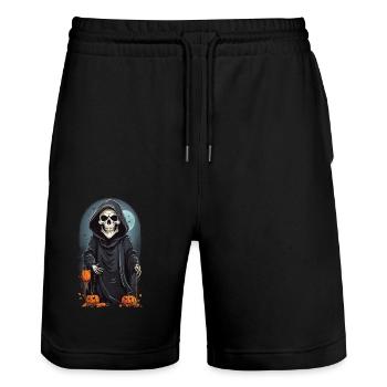 Cartoon Skelett Grim Reaper Halloween Design - Stanley/Stella Unisex Bio Joggingshorts Trainer  - Schwarz - Vorne - Nik (191cm) & Marisol (170cm)