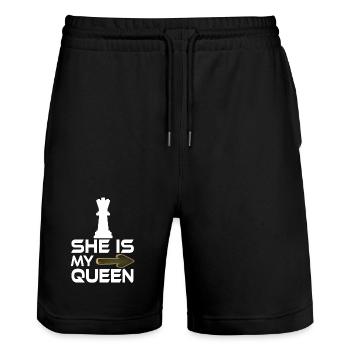 Sie ist meine Königin-Text-Schachliebhaberin - Stanley/Stella Unisex Bio Joggingshorts Trainer  - Schwarz - Vorne - Nik (191cm) & Marisol (170cm)