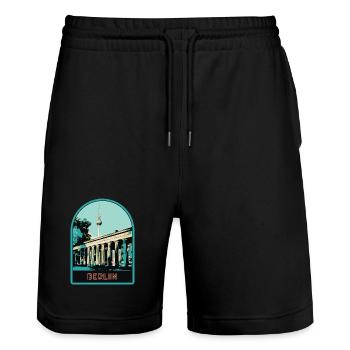 Berliner Fernsehturm und Brandenburger Tor - Stanley/Stella Unisex Bio Joggingshorts Trainer  - Schwarz - Vorne - Nik (191cm) & Marisol (170cm)