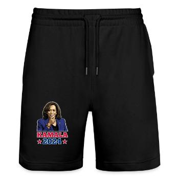 KAMALA 2024, KAMALA HARRIS ALS PRÄSIDENTIN - Stanley/Stella Unisex Bio Joggingshorts Trainer  - Schwarz - Vorne - Nik (191cm) & Marisol (170cm)