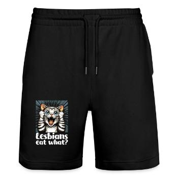Lesben essen was? Katzen Katze Geschenk - Stanley/Stella Unisex Bio Joggingshorts Trainer  - Schwarz - Vorne - Nik (191cm) & Marisol (170cm)