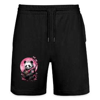 Rosa Panda im geblümten Kimono - Stanley/Stella Unisex Bio Joggingshorts Trainer  - Schwarz - Vorne - Nik (191cm) & Marisol (170cm)