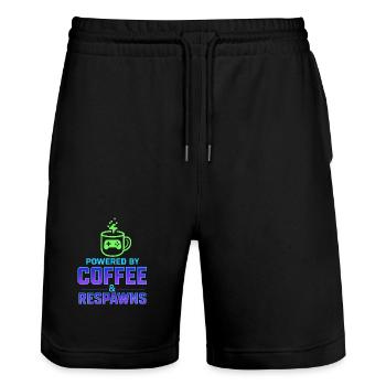 Powered by Coffee and Respawns - Stanley/Stella Unisex Bio Joggingshorts Trainer  - Schwarz - Vorne - Nik (191cm) & Marisol (170cm)