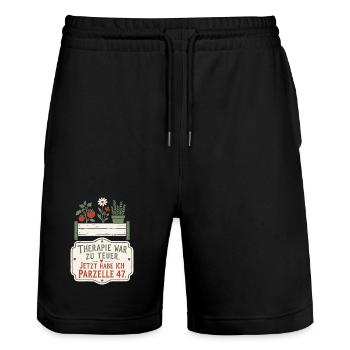 Parzelle 47 — Therapieersatz mit Unkraut - Stanley/Stella Unisex Bio Joggingshorts Trainer  - Schwarz - Vorne - Nik (191cm) & Marisol (170cm)