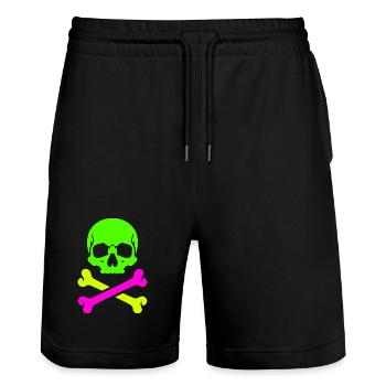 Neon Schädel Gekreuzte Knochen Bunter Pirat Skull - Stanley/Stella Unisex Bio Joggingshorts Trainer  - Schwarz - Vorne - Nik (191cm) & Marisol (170cm)