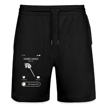 Mein Hobby Horse ruft an - ich muss los - Spruch - Stanley/Stella Unisex Bio Joggingshorts Trainer  - Schwarz - Vorne - Nik (191cm) & Marisol (170cm)
