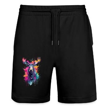 Moose Cool in the Forest, Colorful Design, Watercolor - Stanley/Stella Trainer Unisex Organic Jogging Shorts - black - Front - Nik (191cm) & Marisol (170cm)