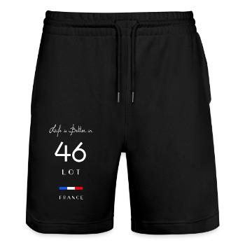 Life is better in LOT Number 46 Quercy Occitanie - Short de jogging bio TRAINER Stanley/Stella unisexe - noir - Devant - Nik (191cm) & Marisol (170cm)