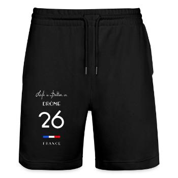 Life is better in DRÔME Number 26 Vercors France - Stanley/Stella Trainer Unisex Organic Jogging Shorts - black - Front - Nik (191cm) & Marisol (170cm)