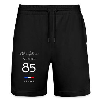 Life is better in VENDÉE Number 85 Poitou Loire FR - Short de jogging bio TRAINER Stanley/Stella unisexe - noir - Devant - Nik (191cm) & Marisol (170cm)