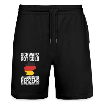 German German Germany - Stanley/Stella Trainer Unisex Organic Jogging Shorts - black - Front - Nik (191cm) & Marisol (170cm)