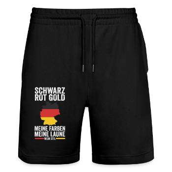 German German Germany - Stanley/Stella Trainer Unisex Organic Jogging Shorts - black - Front - Nik (191cm) & Marisol (170cm)