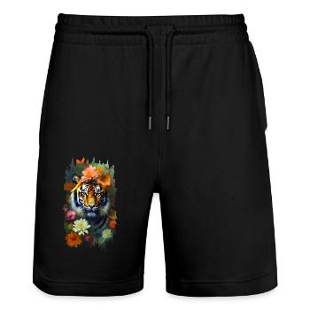 Tiger among flowers 🌸💛 - Stanley/Stella Trainer Unisex Organic Jogging Shorts - black - Front - Nik (191cm) & Marisol (170cm)