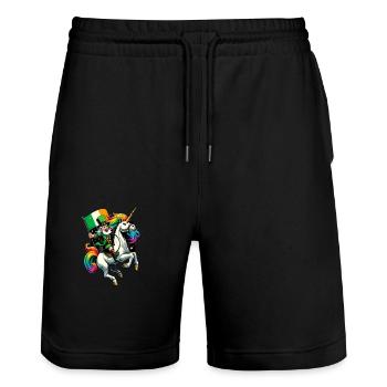 Unicorn Riding Leprechaun (Irish Leprechaun) - Stanley/Stella Trainer Unisex Organic Jogging Shorts - black - Front - Nik (191cm) & Marisol (170cm)