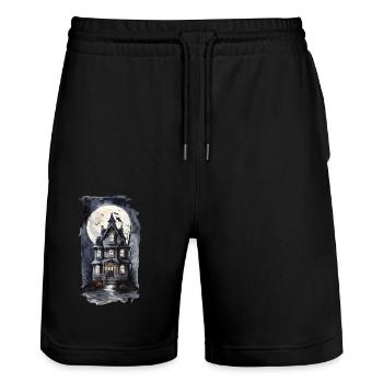 Gruseliges Halloween Geisterhaus mit Fledermäusen - Stanley/Stella Unisex Bio Joggingshorts Trainer  - Schwarz - Vorne - Nik (191cm) & Marisol (170cm)