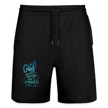 With God all things are possible - Stanley/Stella Trainer Unisex Organic Jogging Shorts - black - Front - Nik (191cm) & Marisol (170cm)