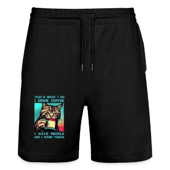 Café avec un chat - Short de jogging bio TRAINER Stanley/Stella unisexe - noir - Devant - Nik (191cm) & Marisol (170cm)
