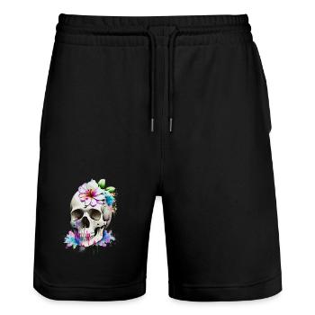 Skull with lilies - Stanley/Stella Trainer Unisex Organic Jogging Shorts - black - Front - Nik (191cm) & Marisol (170cm)