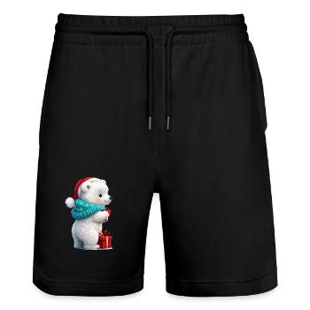 Cute little bear with Christmas hat and gift. - Stanley/Stella Trainer Unisex Organic Jogging Shorts - black - Front - Nik (191cm) & Marisol (170cm)