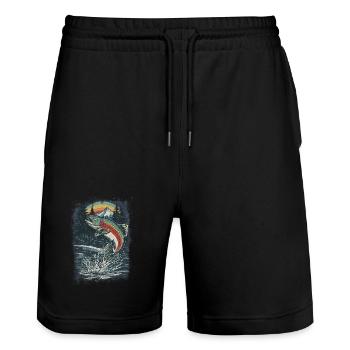 Springende Regenbogenforelle – Retro Anglermotiv - Stanley/Stella Unisex Bio Joggingshorts Trainer  - Schwarz - Vorne - Nik (191cm) & Marisol (170cm)
