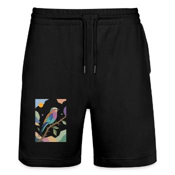 Bunter Vogel Fliederbrustwalze Design  - Stanley/Stella Unisex Bio Joggingshorts Trainer  - Schwarz - Vorne - Nik (191cm) & Marisol (170cm)