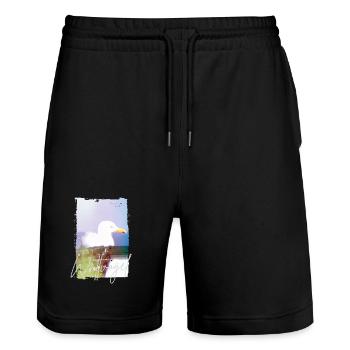 Wattvogel® Nordsee Möwe – Strandkorb Moment  - Stanley/Stella Unisex Bio Joggingshorts Trainer  - Schwarz - Vorne - Nik (191cm) & Marisol (170cm)