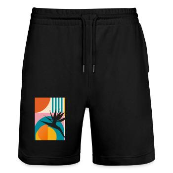 Geometrische Paradiesvogelblume Retro Tropical Art - Stanley/Stella Unisex Bio Joggingshorts Trainer  - Schwarz - Vorne - Nik (191cm) & Marisol (170cm)