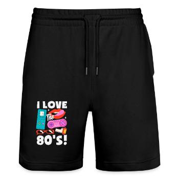 Retro Back to the 80s Vintage Design - Stanley/Stella Trainer Unisex Organic Jogging Shorts - black - Front - Nik (191cm) & Marisol (170cm)