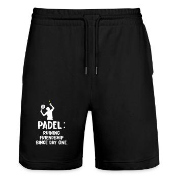 Padel_Ruining_Friendships_Since_Day_One - Short de jogging bio TRAINER Stanley/Stella unisexe - noir - Devant - Nik (191cm) & Marisol (170cm)