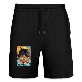 Süße Katze isst Ramen - Stanley/Stella Unisex Bio Joggingshorts Trainer  - Schwarz - Vorne - Nik (191cm) & Marisol (170cm)