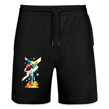 Space View / Rocket 02 - Stanley/Stella Trainer Unisex Organic Jogging Shorts - black - Front - Nik (191cm) & Marisol (170cm)
