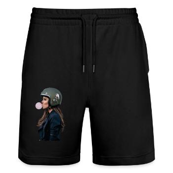 Coole Motorradfahrerin Bikerin kaut Kaugummi - Stanley/Stella Unisex Bio Joggingshorts Trainer  - Schwarz - Vorne - Nik (191cm) & Marisol (170cm)