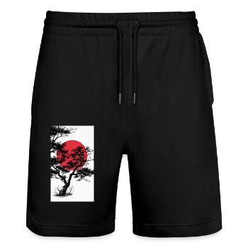 Manga-Style Dark Tree with Red Sun - Stanley/Stella Trainer Unisex Organic Jogging Shorts - black - Front - Nik (191cm) & Marisol (170cm)