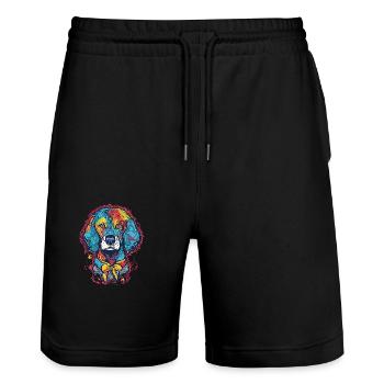 Bunter Hippie Hund desgin - Stanley/Stella Unisex Bio Joggingshorts Trainer  - Schwarz - Vorne - Nik (191cm) & Marisol (170cm)