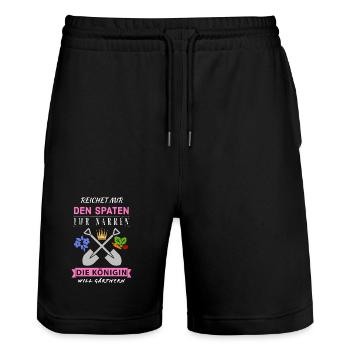 Reichet mir den Spaten Königin Gärtnern Spruch - Stanley/Stella Unisex Bio Joggingshorts Trainer  - Schwarz - Vorne - Nik (191cm) & Marisol (170cm)