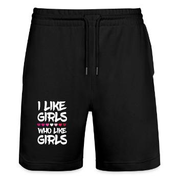 Mois de la fierté LGBTQ - J’aime les filles qui aiment les filles - Short de jogging bio TRAINER Stanley/Stella unisexe - noir - Devant - Nik (191cm) & Marisol (170cm)