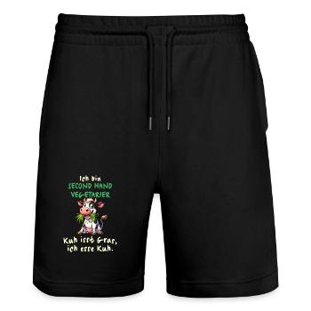 Second Hand Vegetarier – Lustiges Kuh-Design - Stanley/Stella Unisex Bio Joggingshorts Trainer  - Schwarz - Vorne - Nik (191cm) & Marisol (170cm)