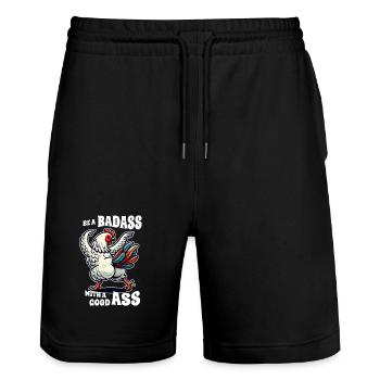 Be a Badass with a Good Ass – Funny Chicken Design - Stanley/Stella Trainer Unisex Organic Jogging Shorts - black - Front - Nik (191cm) & Marisol (170cm)